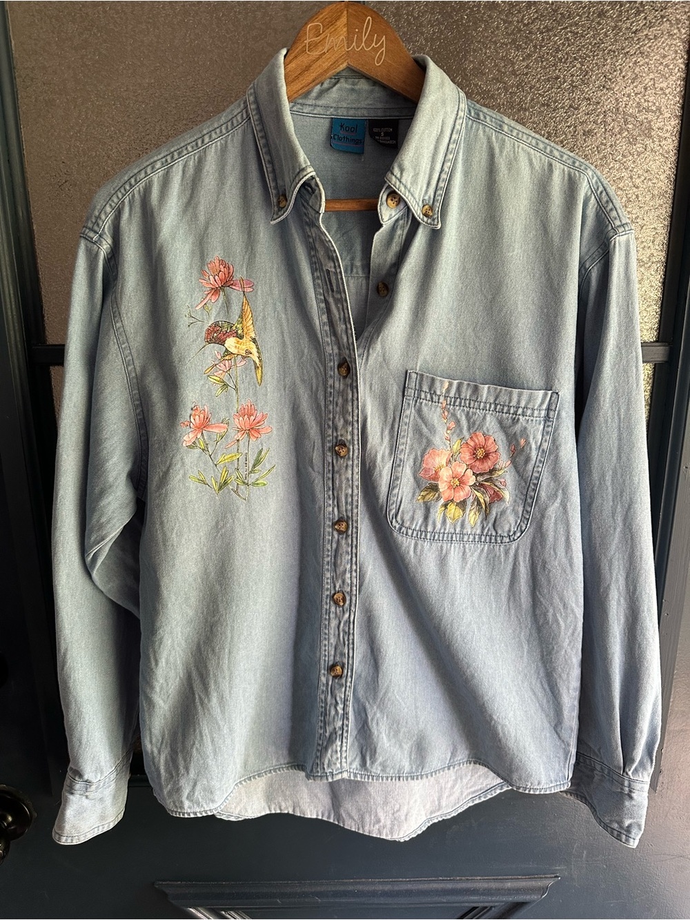 Vintage Bird Graphic Denim Button-Down Shirt